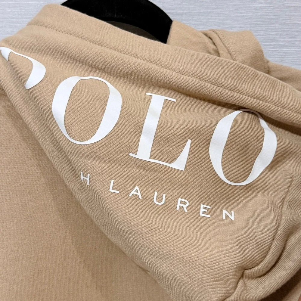 Polo Ralph Lauren Boys Khaki Tan Hoodie Logo Hood Pullover Size M 10-12